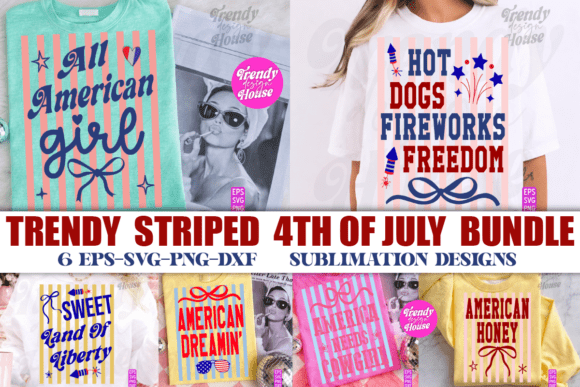 Striped Girly Fourth of July PNG Bundle for T-Shirt Designs and Graphics